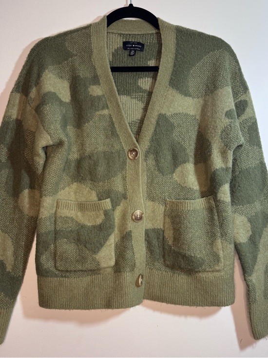 Lucky Brand Sweaters - Lucky Brand Camo Fuzzy Knit Cardigan Green Button Front Pockets Small